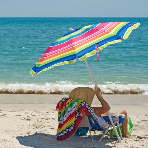 Beach Life Lady under a beach umbrella at Kure Beach